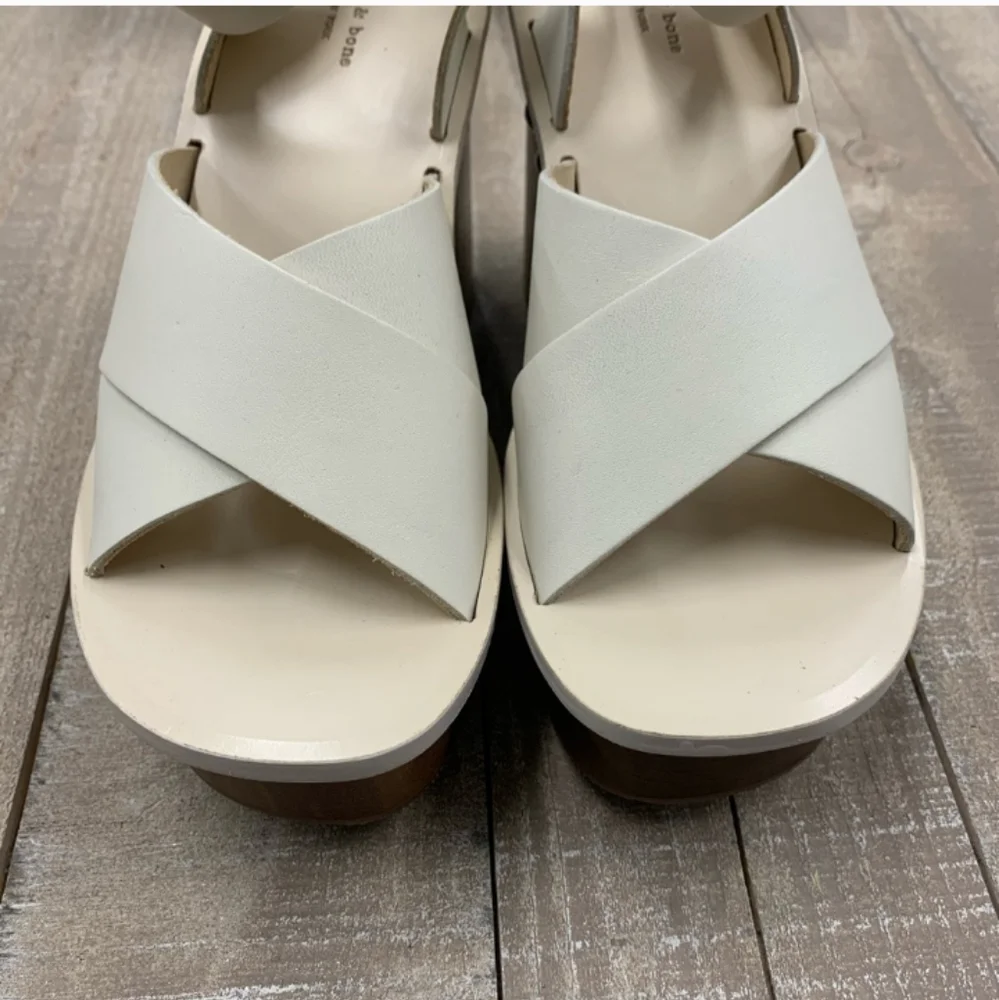NIB Rag & Bone Hester White Leather & Wood Studded Platform Wedge Sandals Sz 9